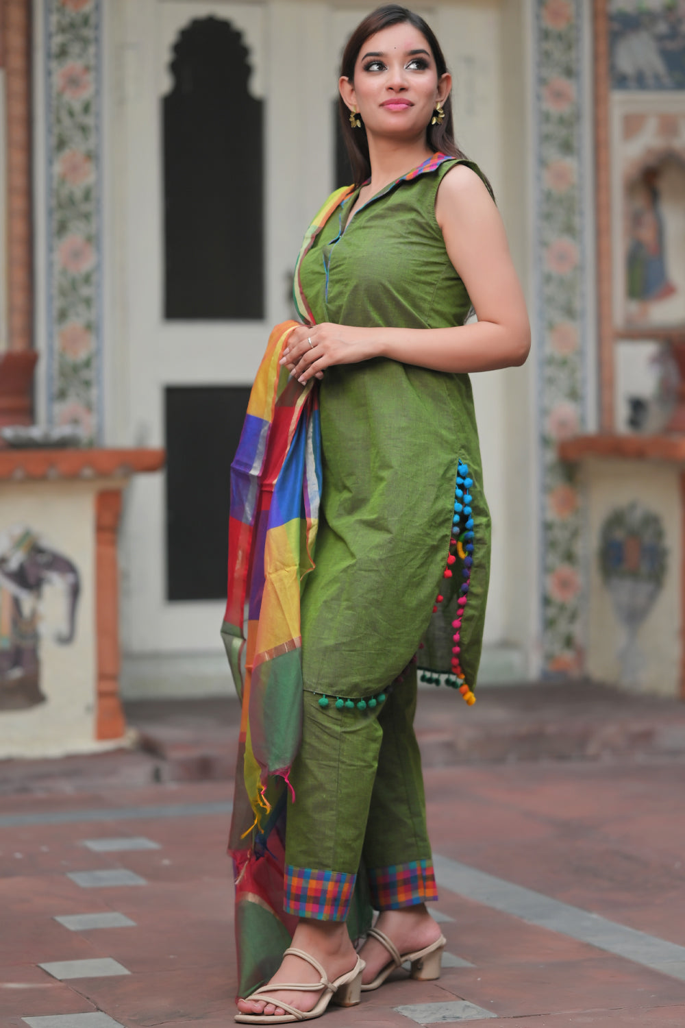 Rangeeli - 3 piece cotton suit set with multicolor pompom, collar and dupatta | Made To Order