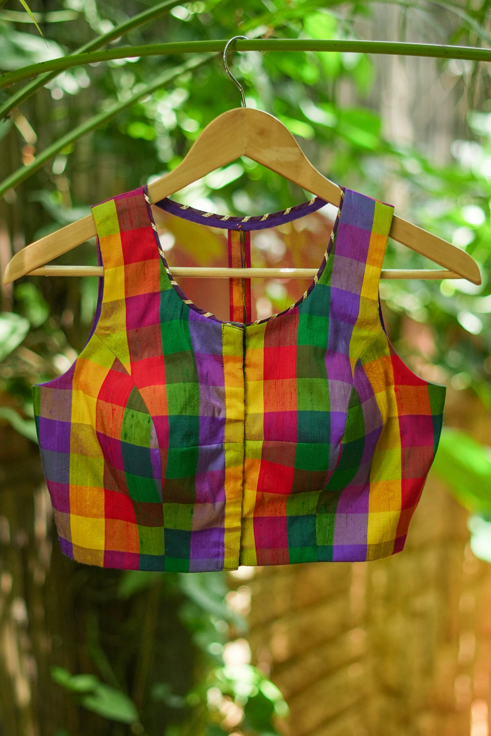 Multicolour checked pure rawsilk sheer back sleeveless blouse