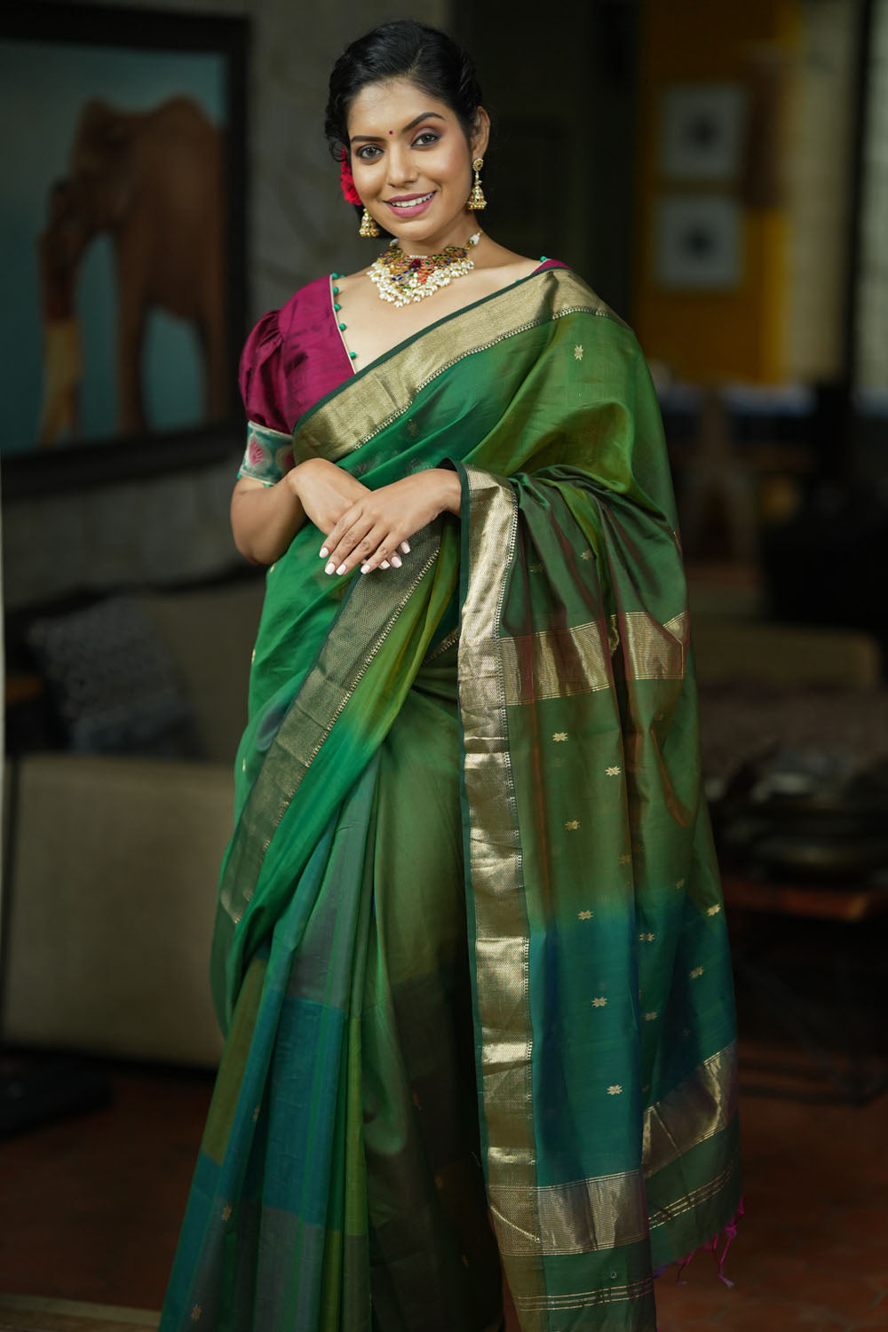 Green Handwoven zari Maheshwari Silk Cotton Saree in Multicolor with Checks Pattern