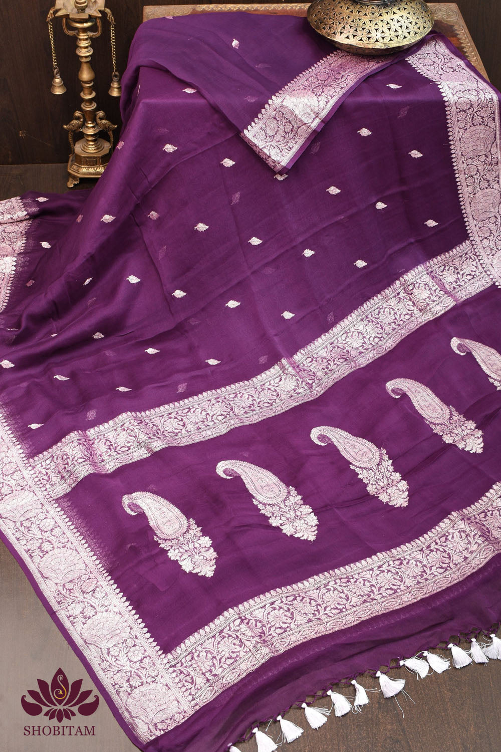 Preorder: Pure Silk Chiffon Saree in Eggplant Purple with Silver Tone Zari Buttas & Zari Border | SILK MARK CERTIFIED