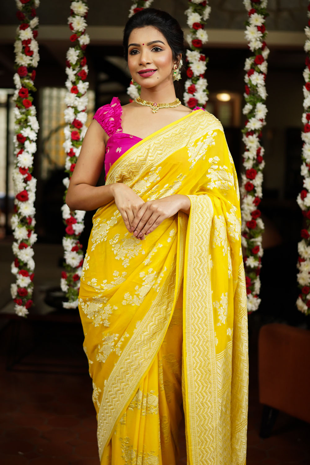 Yellow pure silk georgette with rose jaal / SILK MARK CERTIFIED