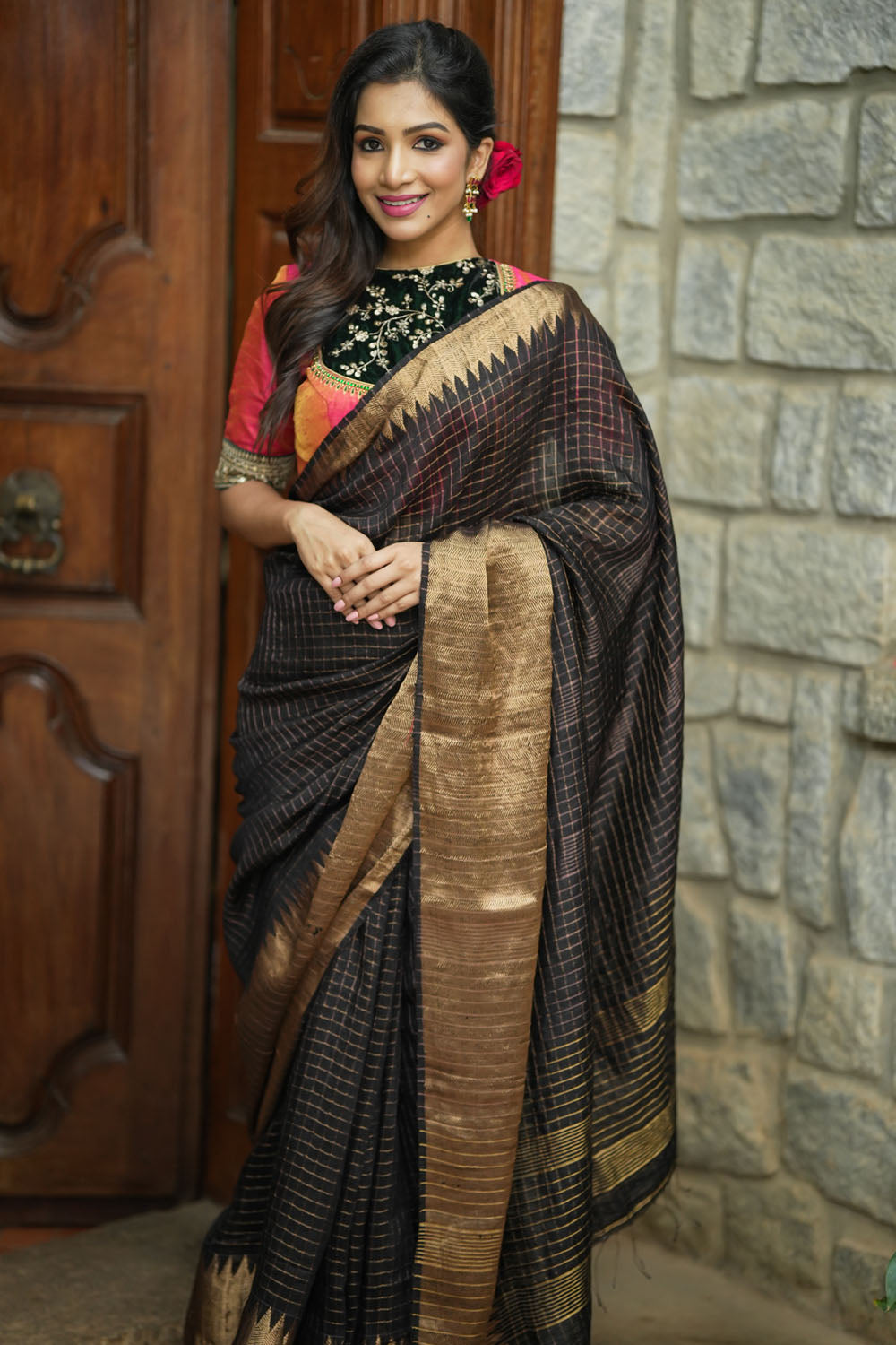 Matka Silk Saree in Black with Zari Checks and Wide Zari Temple Border | SILK MARK CERTIFIED
