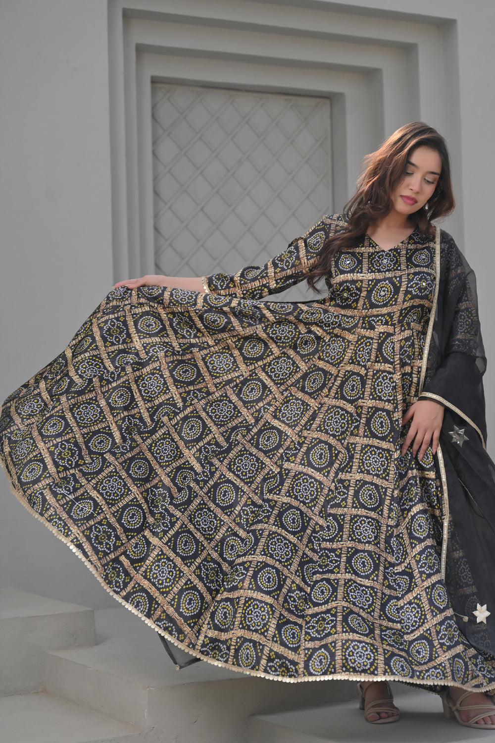 Raina Ankle Length Black Anarkali with Patola Print 3 Piece Set | Made To Order