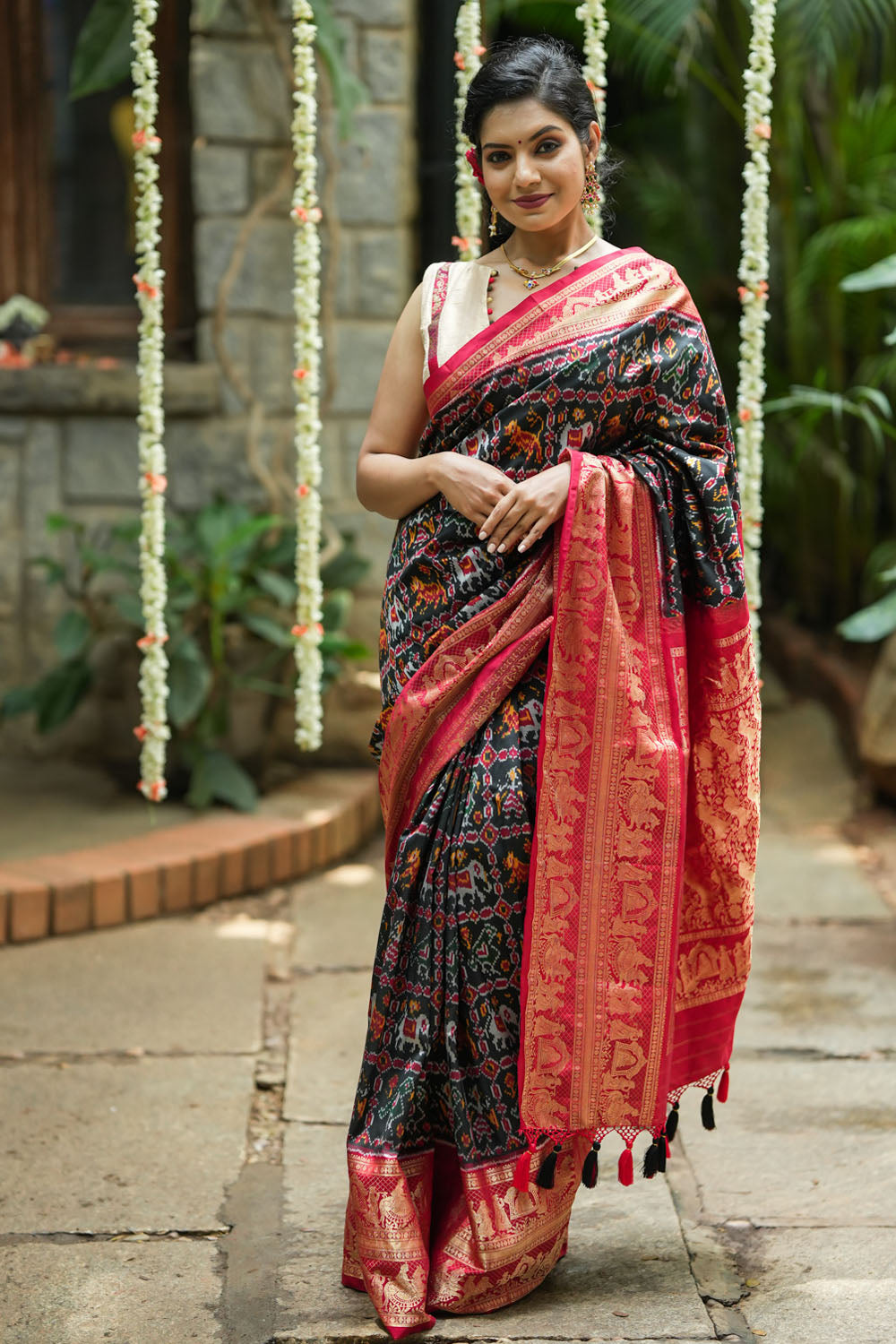 Ikkat Kanjivaram Fusion Silk Saree in Black & Red with Wide Zari Border | SILK MARK CERTIFIED