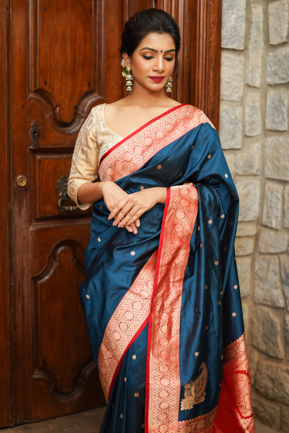 Prussian Blue Banarasi Katan Silk Saree with Chunri Buttis and Koniya Motifs | SILK MARK CERTIFIED