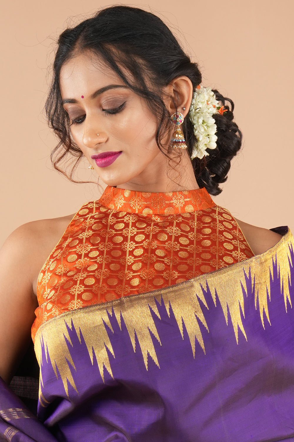 Sunset Orange Pure kanjivaram silk zari brocade halter neck blouse