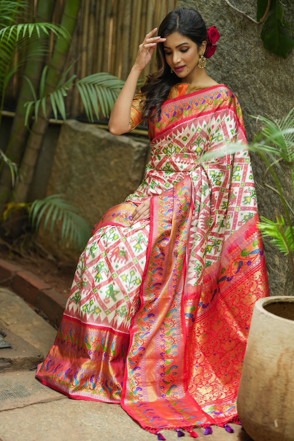 White & red exquisite Ikkat patola kanjivaram saree with paithani wide border