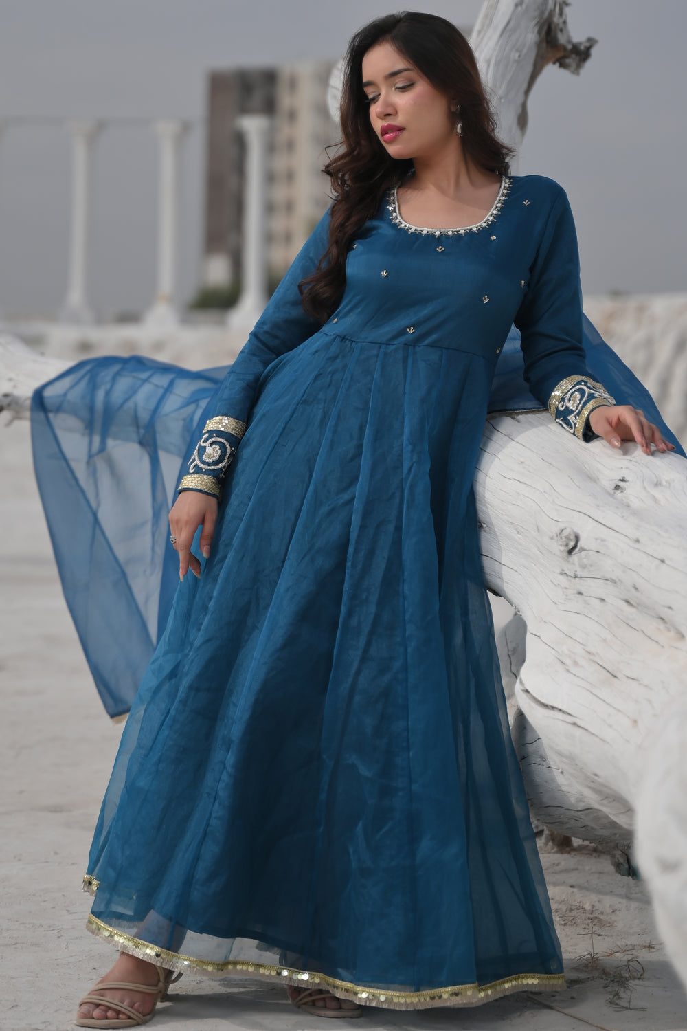 Tarini Teal organza anarkali 3 piece Set with Lace detailing border and dana, sequins bead embroidery| Made To Order