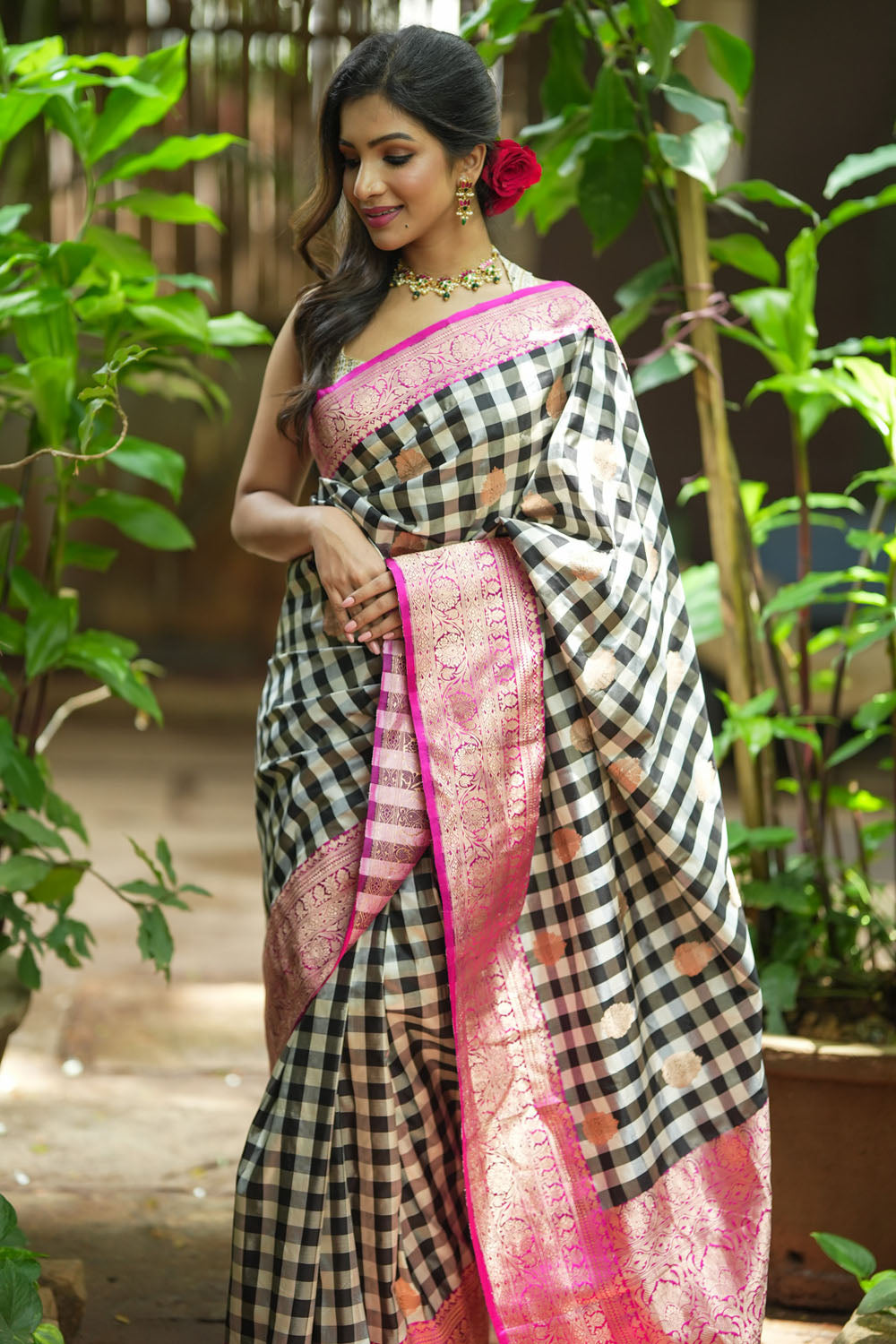 Pure Katan Silk Banarasi Saree in Black and White Checks with Contrasting Pink Borders | SILK MARK CERTIFIED