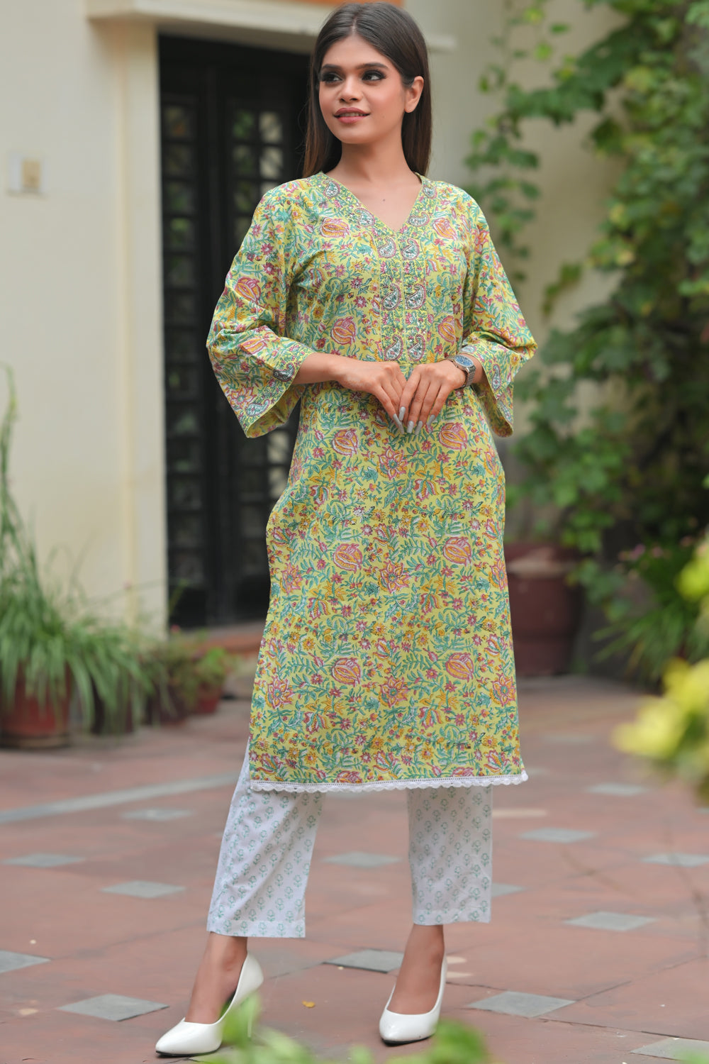 Aarzoo Lime 3 piece Suit with Kota doria Dupatta | Made To Order