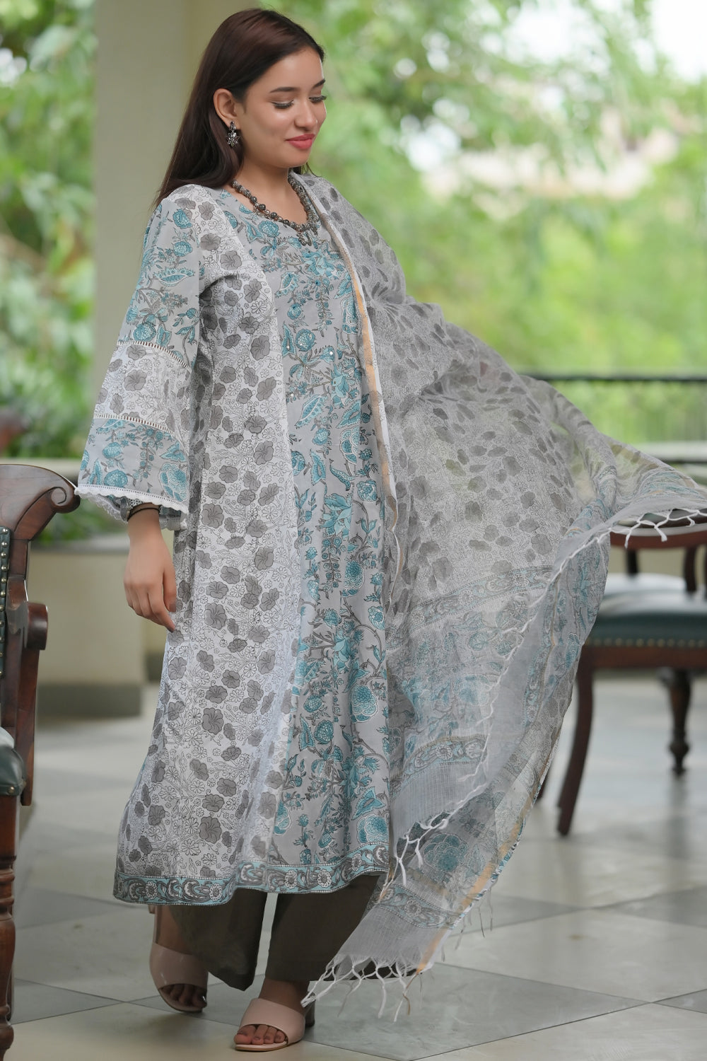 Gray Gardenia Suit with Kota Doria Dupatta 3 piece set | Made To Order