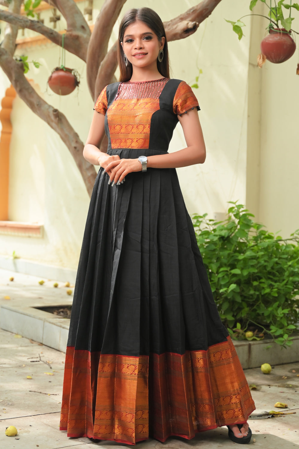 Kajal - Black, Red and Gold Narayanpet Cotton Gown with Wide Zari border and sequin Yoke handwork | Made To Order