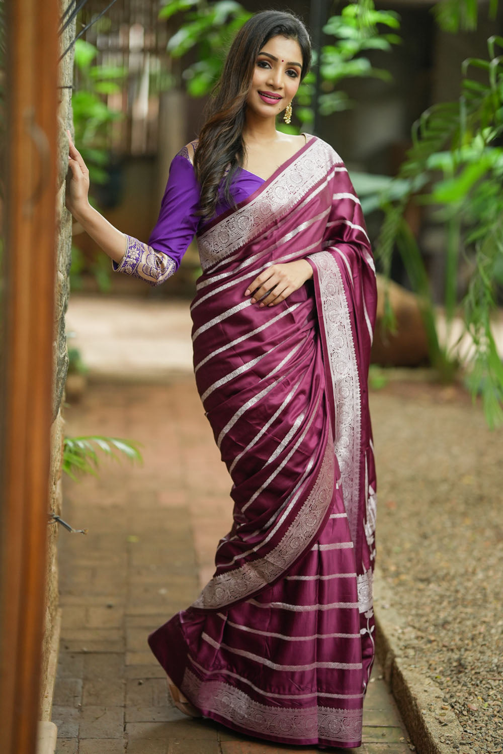 Wine viscose Satin Saree With Silver Zari Stripes and Pichwai Pallu