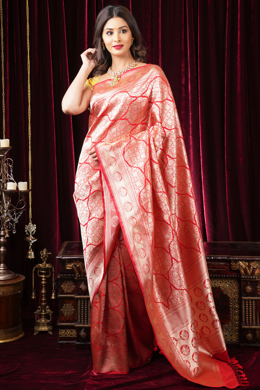 Magnificent Banarasi Katan Silk saree in Red with Persian Trellis Jaal | SILK MARK CERTIFIED