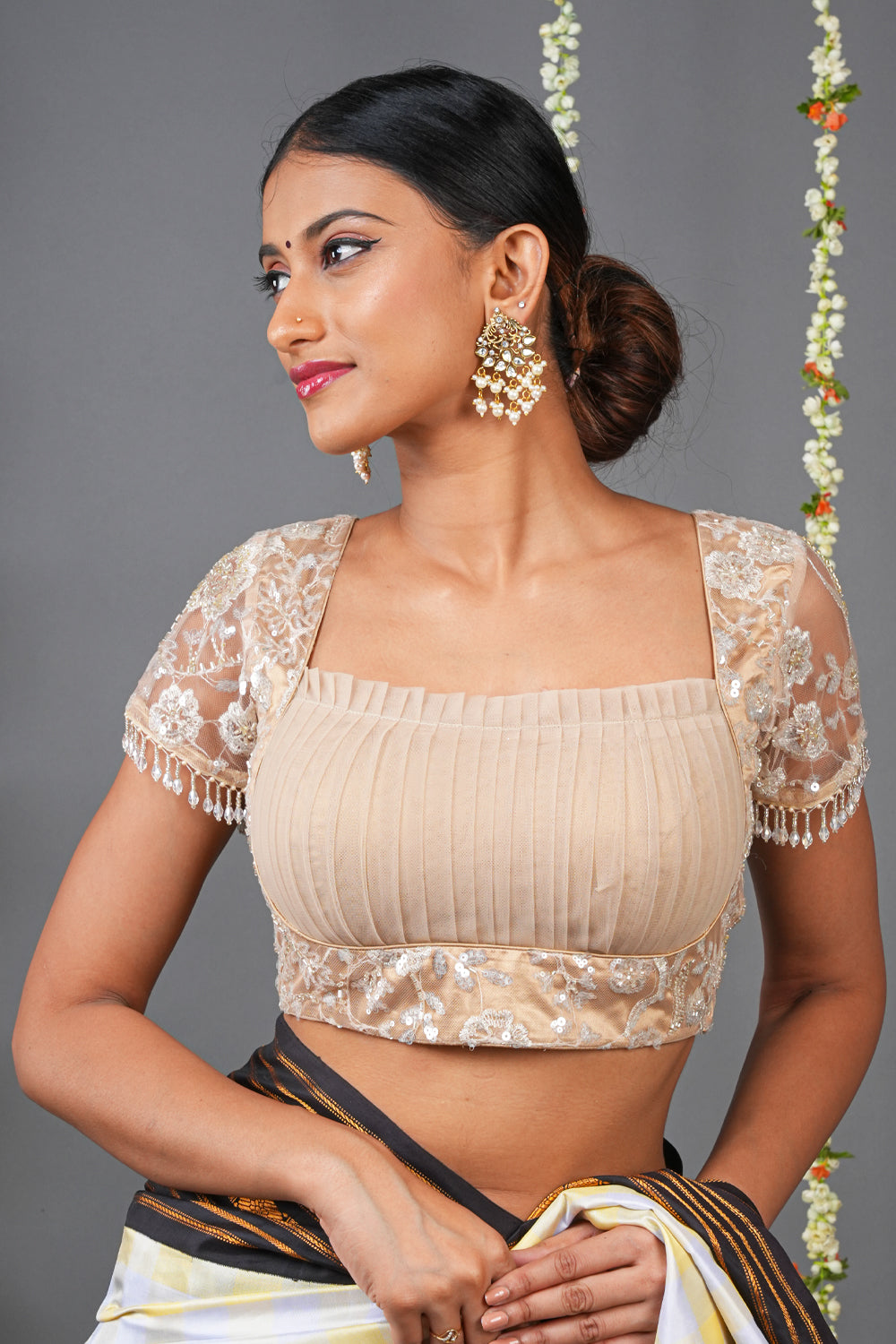 Beige Sequin Blouse with pleated net bodice