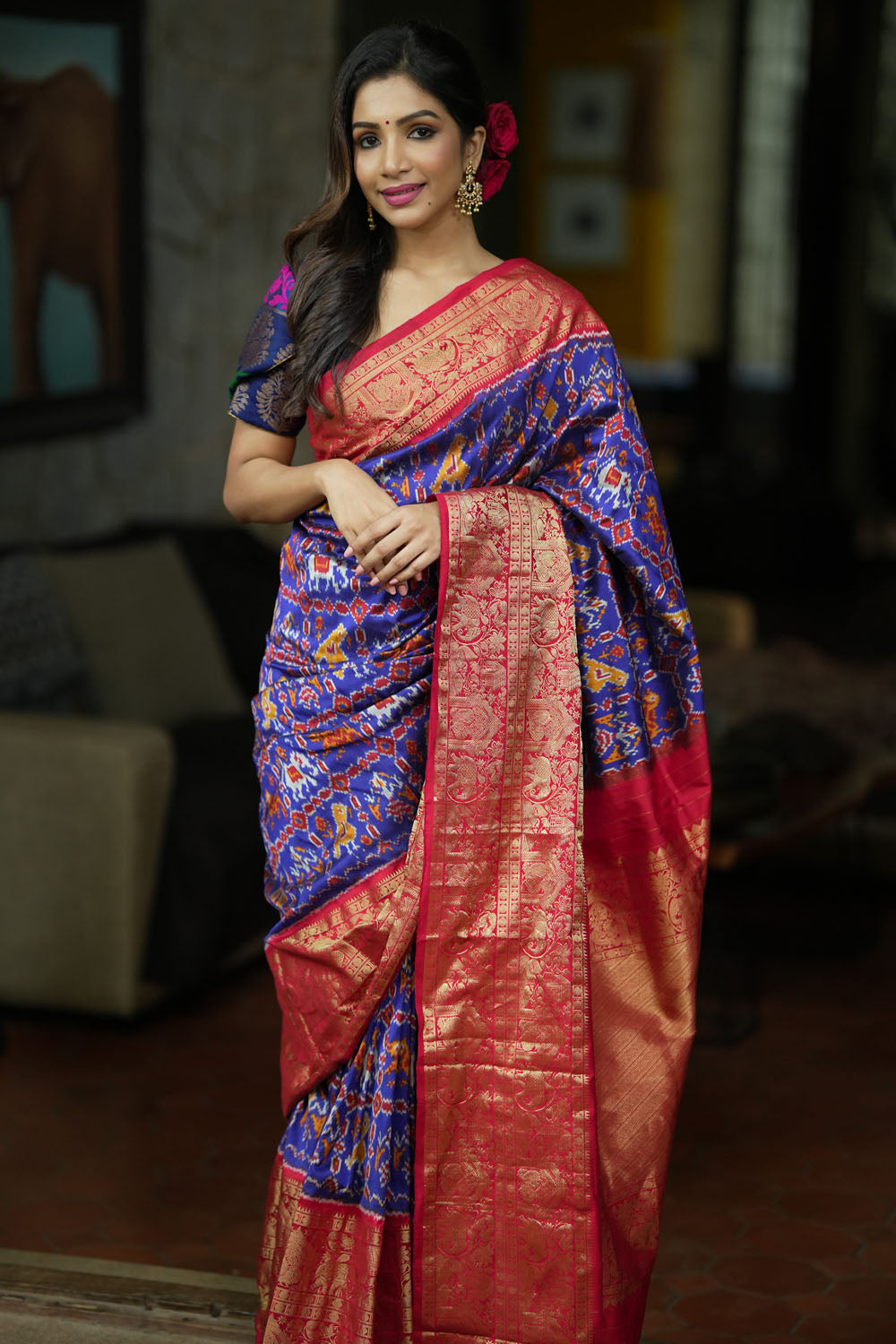 Blue Red Ikkat Patola and Kanjivaram Pure Silk Fusion Saree in SILK MARK CERTIFIED