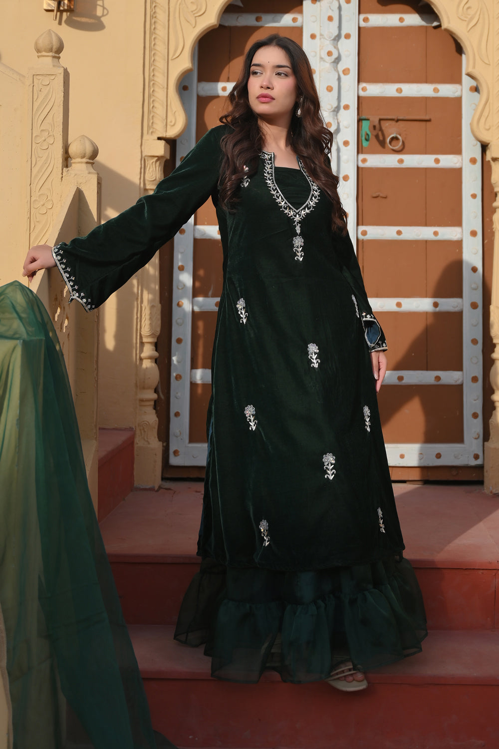 Chandramukhi Velvet Bottle Green Kurta and Organza Skirt Set 3 piece Set | Made To Order