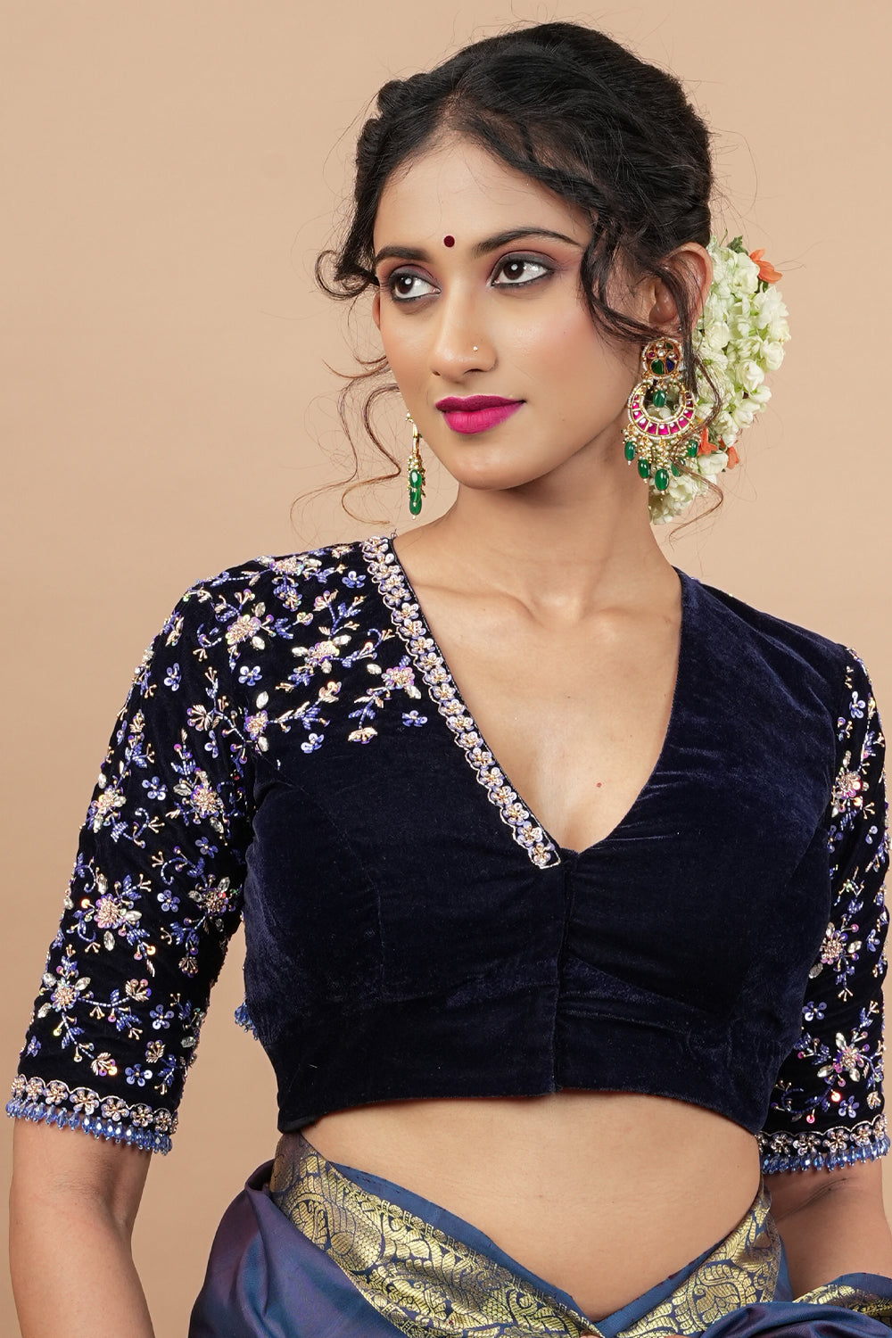 Exquisite Jadau Blouse sequin and crystal handwork on navy blue velvet blouse , Made to Order