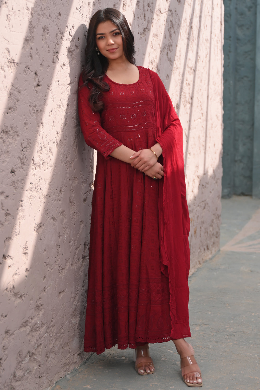 Ruby Chikankari Style Eyelet Anarkali Set in Red 3 Piece Set | Shobitam Made to Order