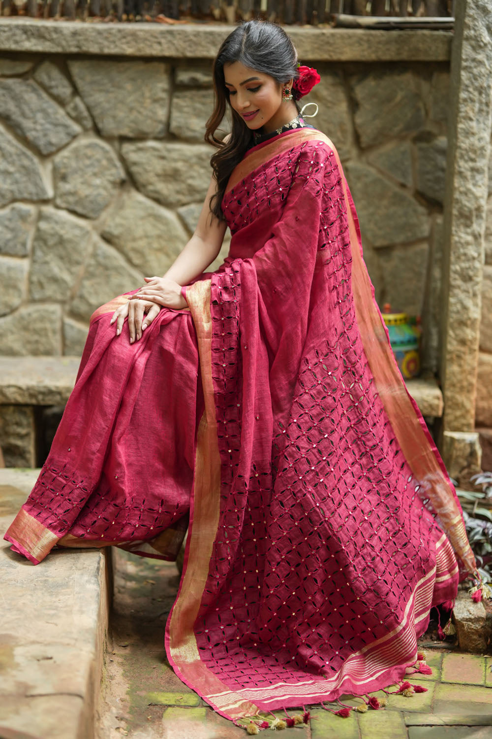 Chudi Design- Linen by Linen Cutwork and Mirrorwork Saree in Deep Red