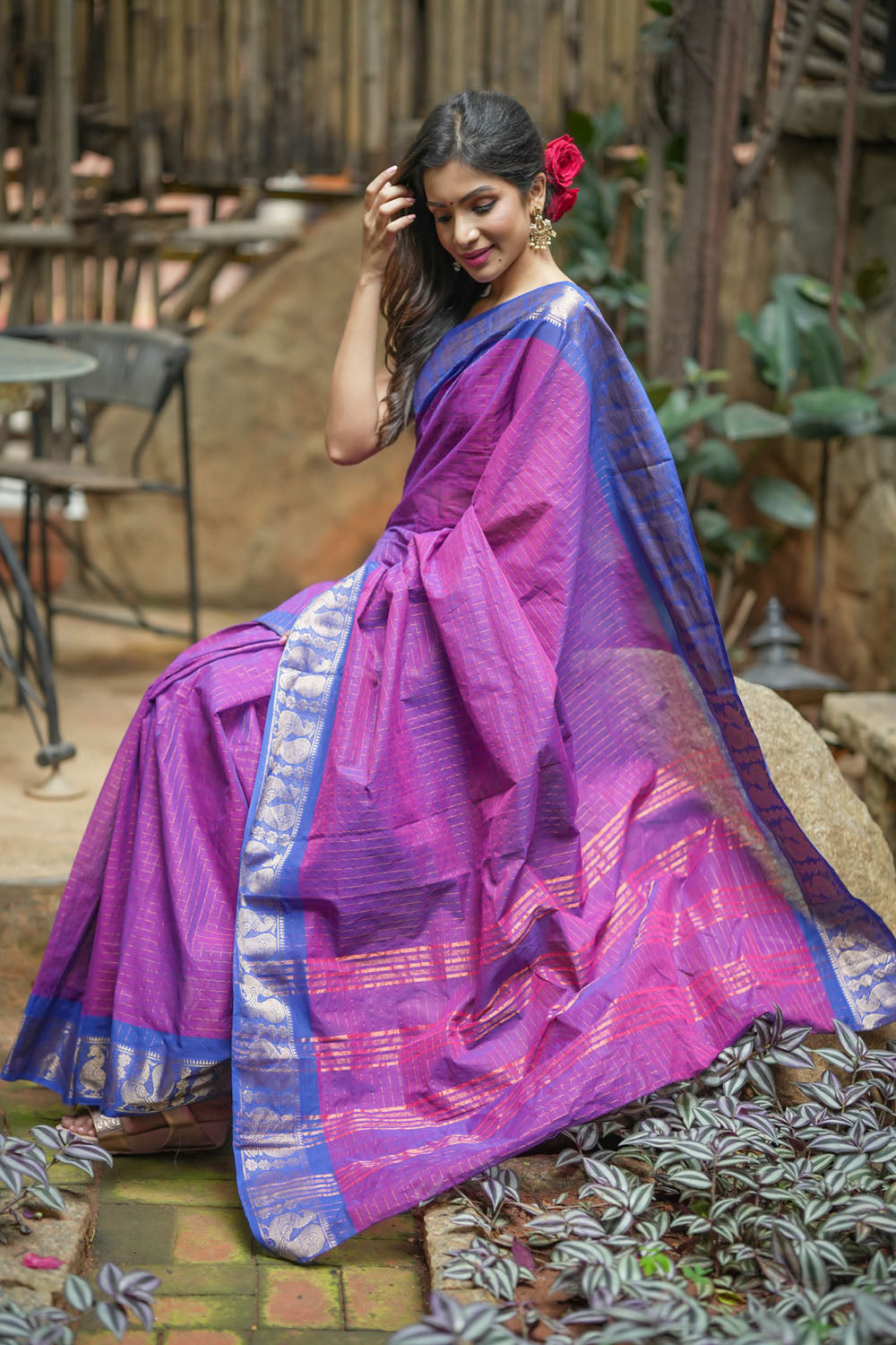 Dual tone plum chettinadu Cotton Zari Checks Saree