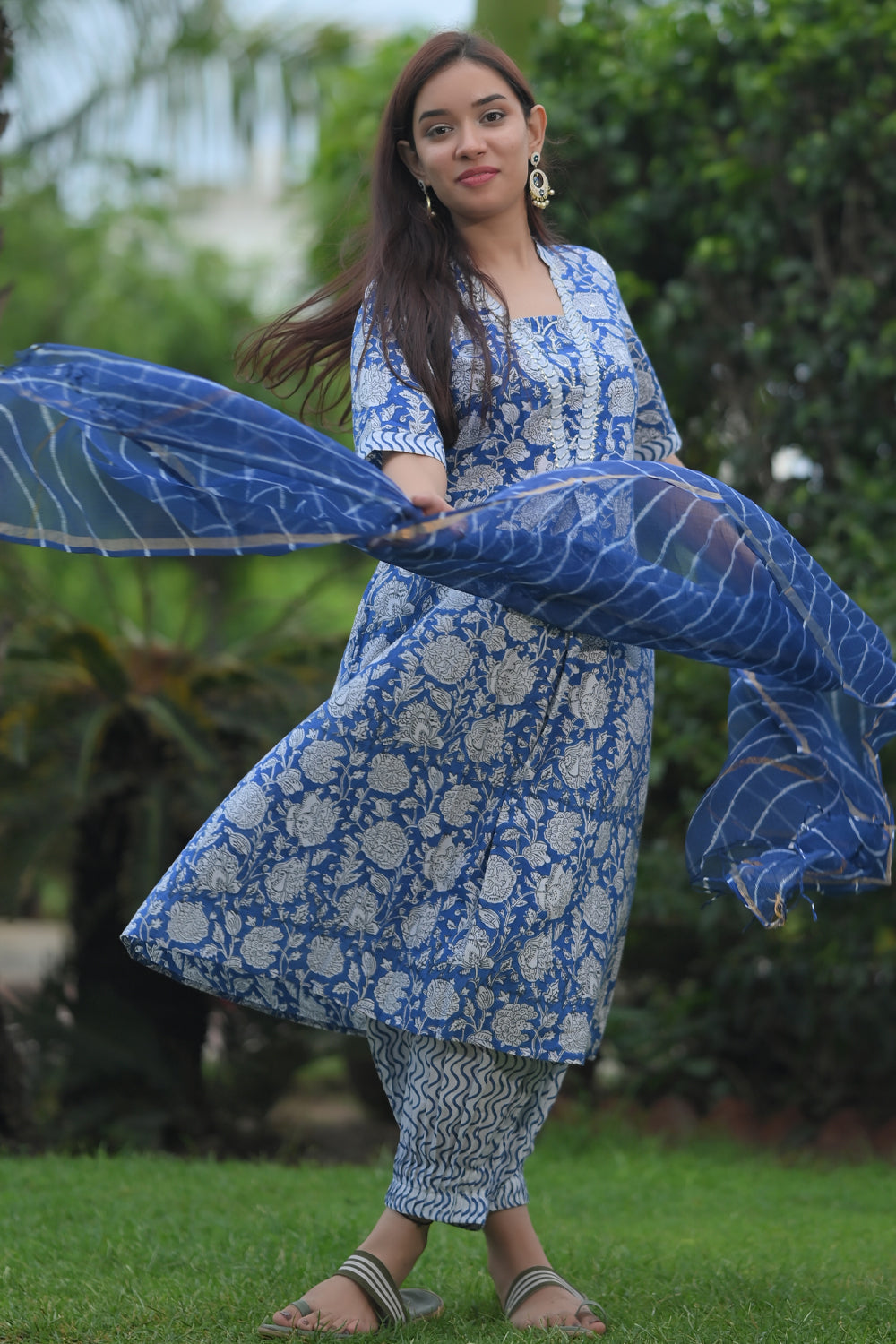 Leheriya Blue Peony Suit with Kota Doria Dupatta 3 Piece Set| Made To Order