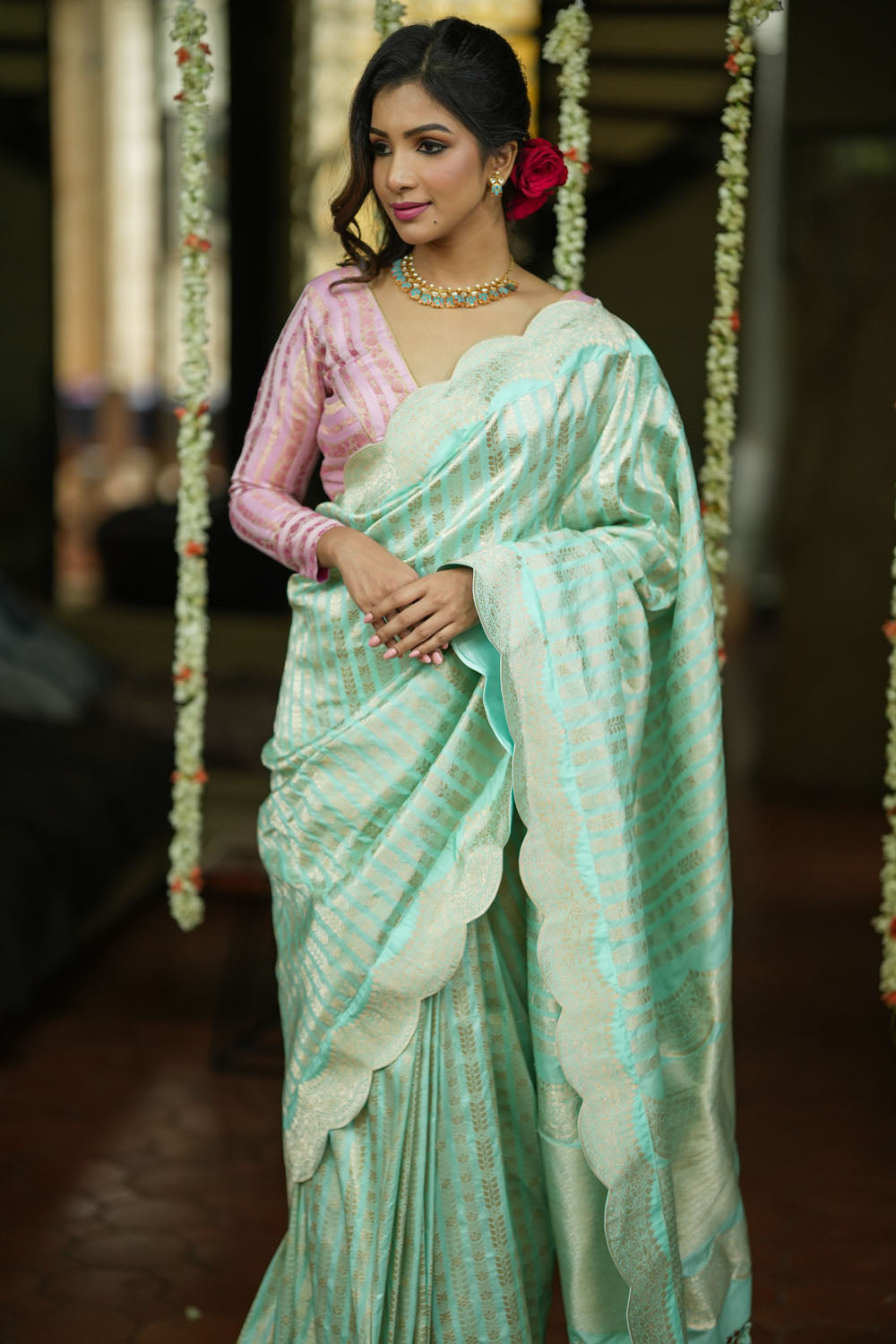 Unique Scalloped Borders Pure Brocade Banarasi Katan Silk Saree in Pastel Sea Green | SILK MARK CERTIFIED