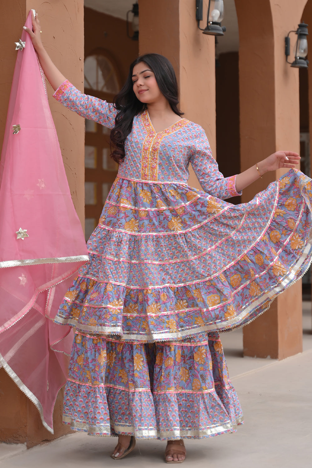 Vasant Block Print Kurta and tiered plazzo 3 piece set | Made To Order