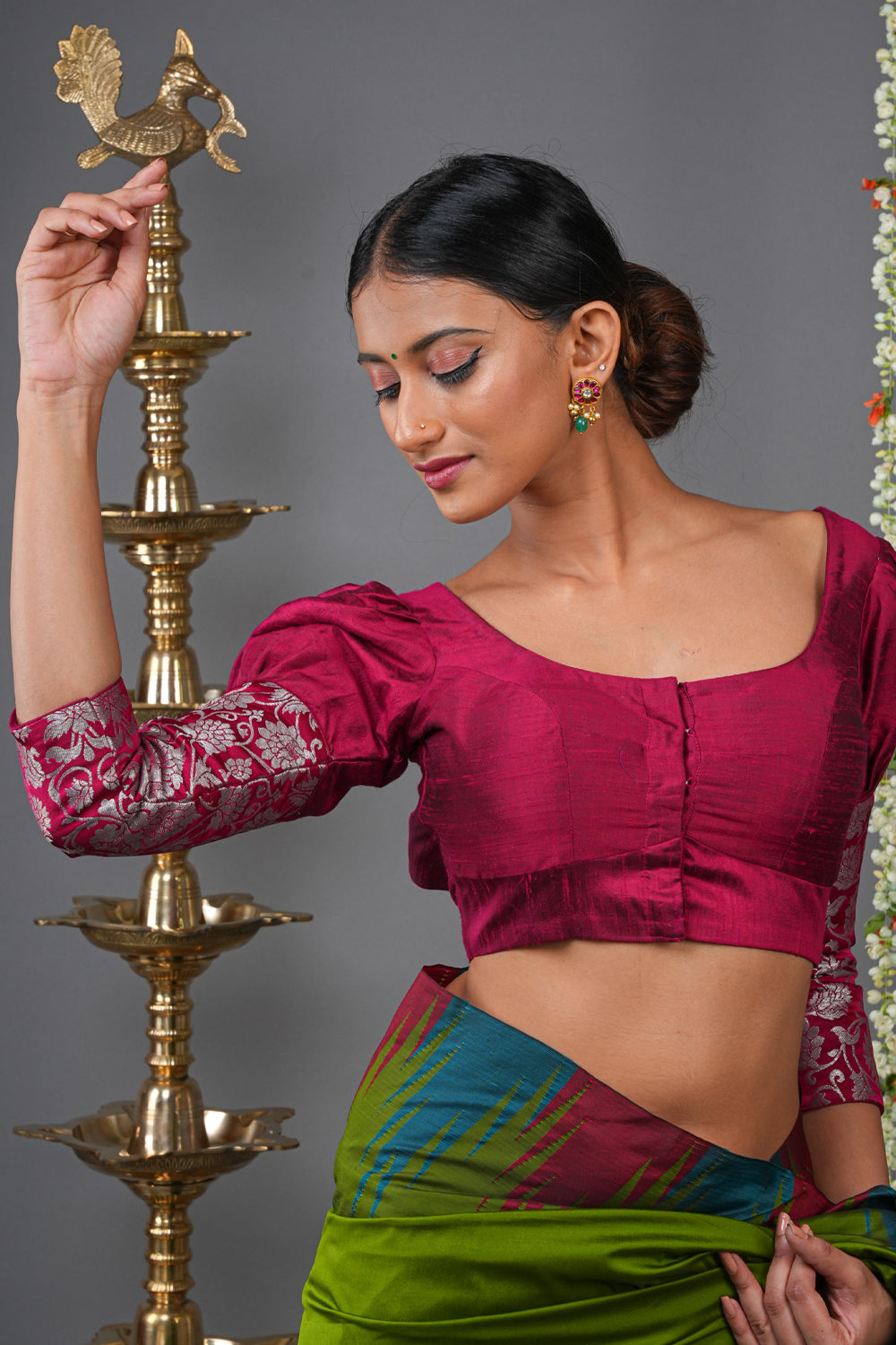 Magenta pure raw silk U neck blouse with puff sleeves and banarasi brocade detailing