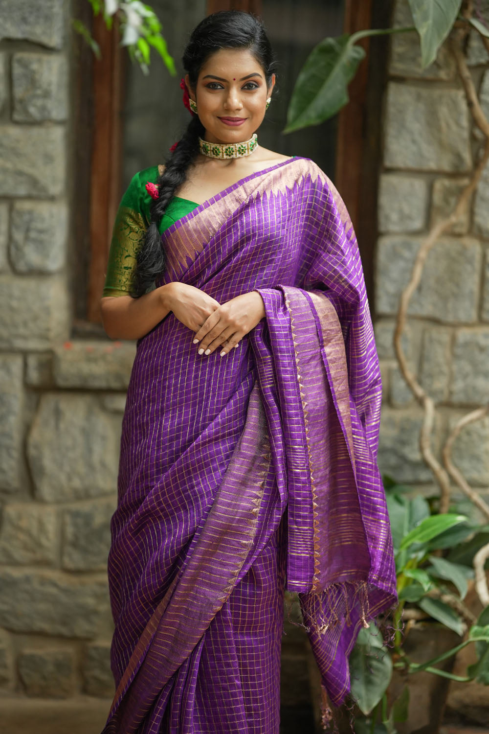 Matka Silk Saree in Purple with Zari Checks and Wide Zari Temple Border | SILK MARK CERTIFIED
