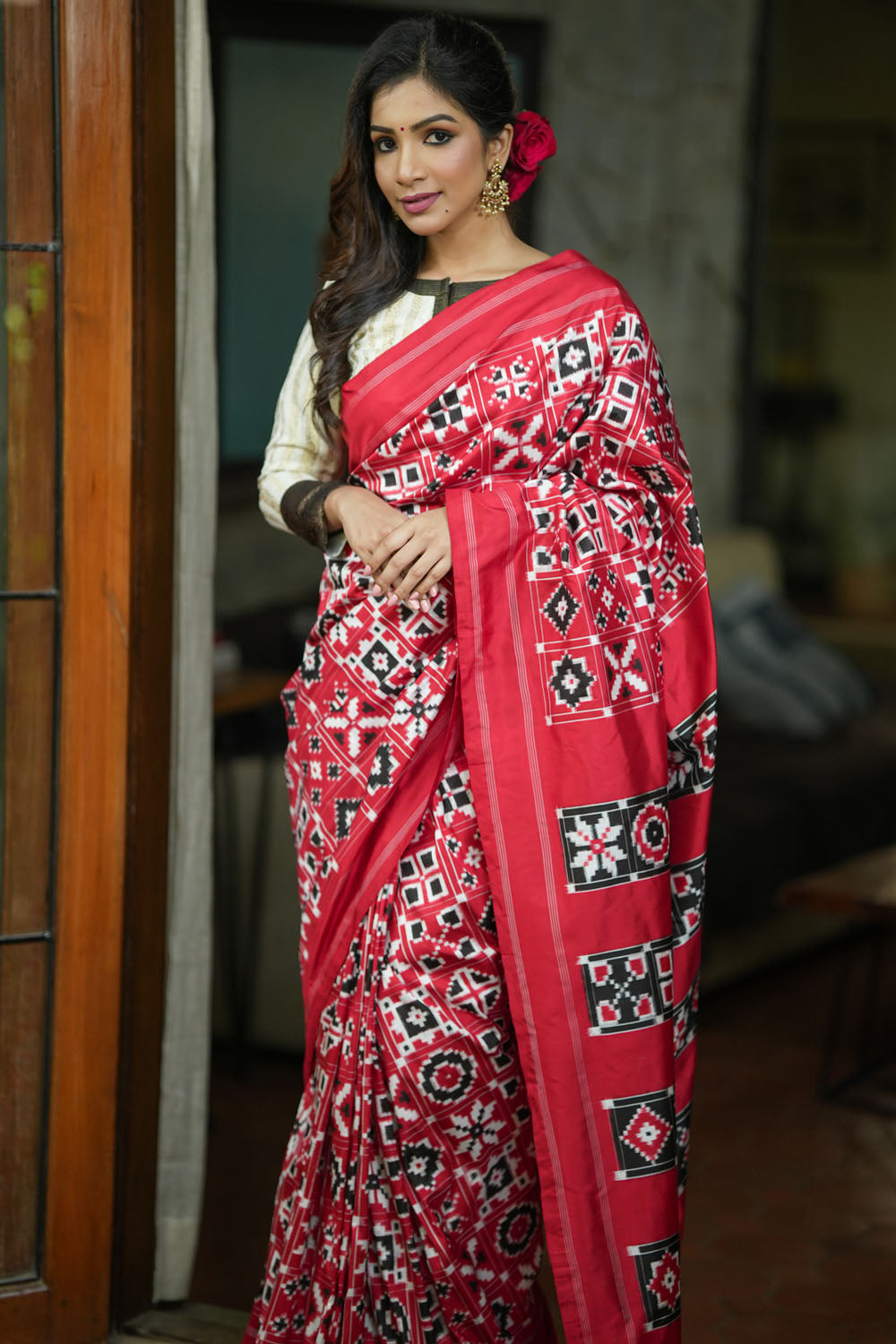 Exquisite Telia rumal 12 motif ikkat pure silk handwoven saree/SILK MARK CERTIFIED
