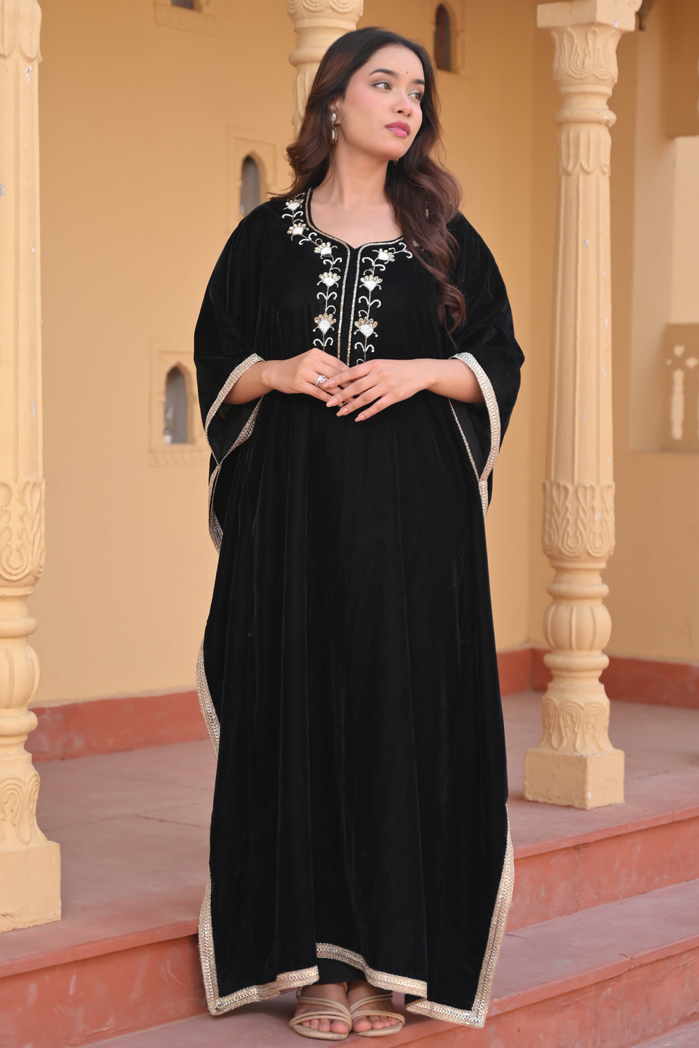 Zeenat Velvet Kaftan with lace border detailing in Black | Made To Order