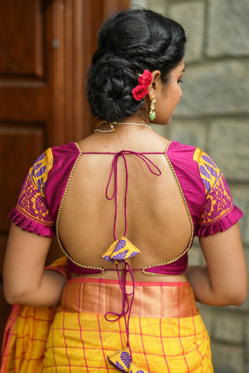 Magenta Pure rawsilk with yellow brocade U neck Blouse