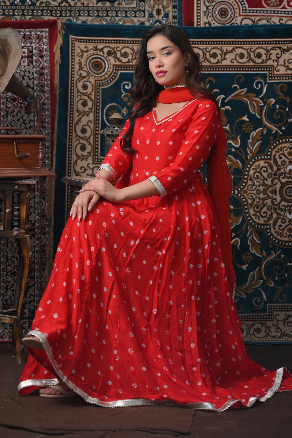 Umang Bandhej anarkali 3 piece Set with Handwork detailing| Made To Order