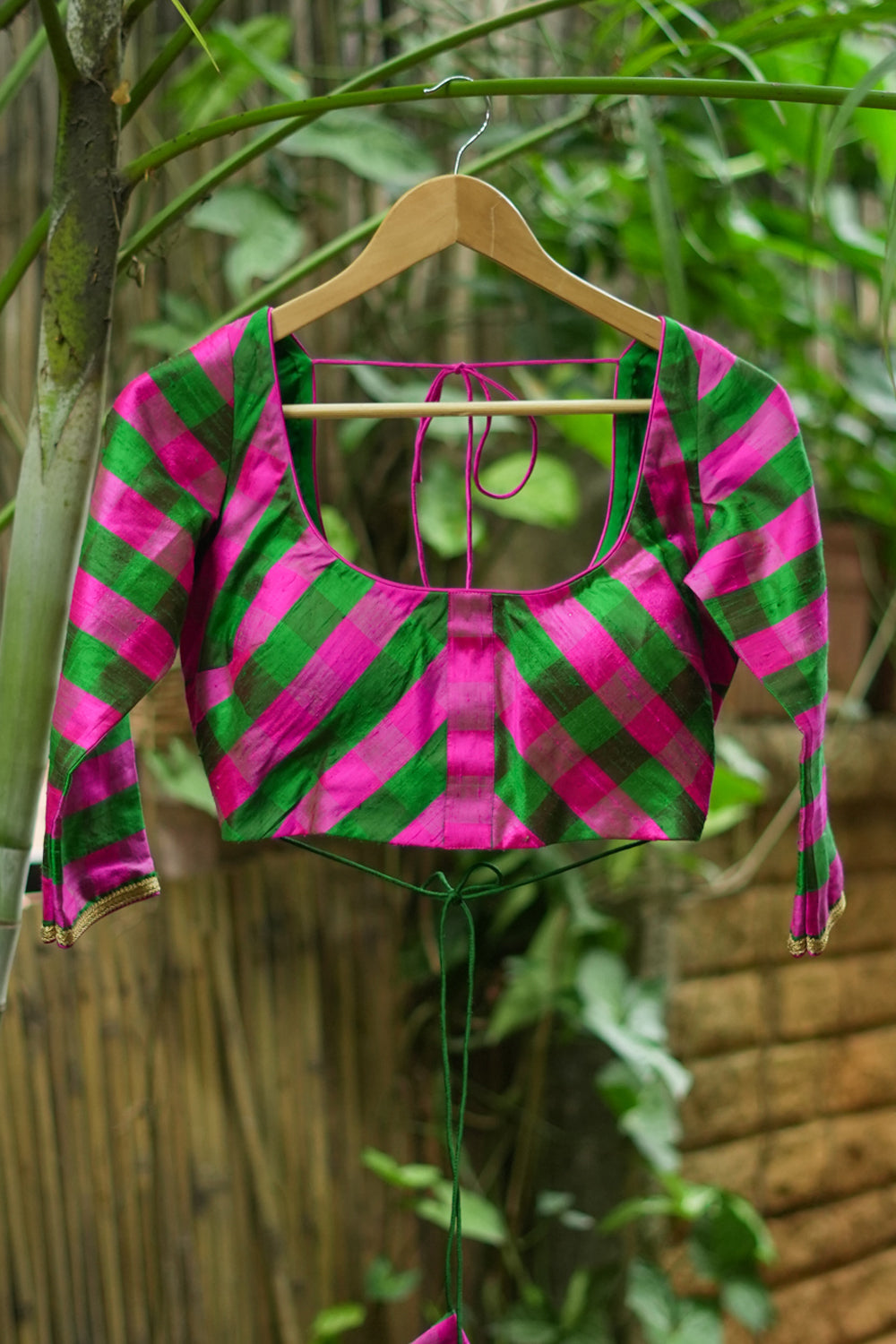 Emerald green pink checked pure rawsilk U neck blouse