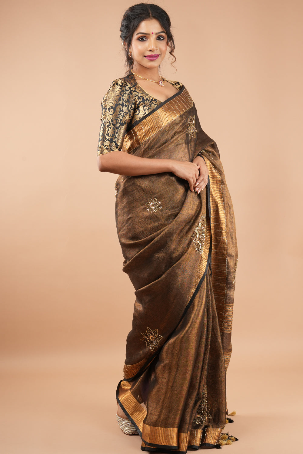 Preorder: Embroidery cut dana with seqins Work Tissue Linen Saree in copper black with dramatic work Pallu