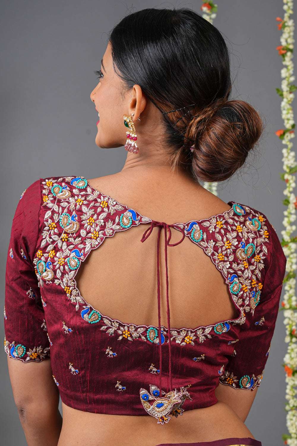 Maroon pure raw silk meenakari and zardosi peacock design square neck blouse