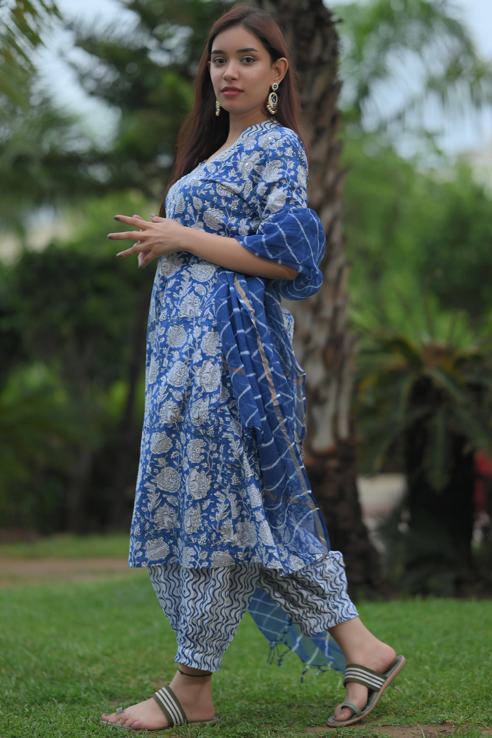 Leheriya Blue Peony Suit with Kota Doria Dupatta 3 Piece Set| Made To Order