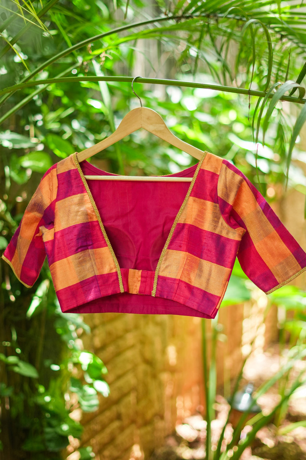 Orange and reddish pink checked pure rawsilk boatneck blouse