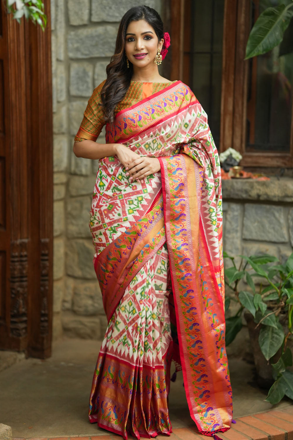 White & red exquisite Ikkat patola kanjivaram saree with paithani wide border