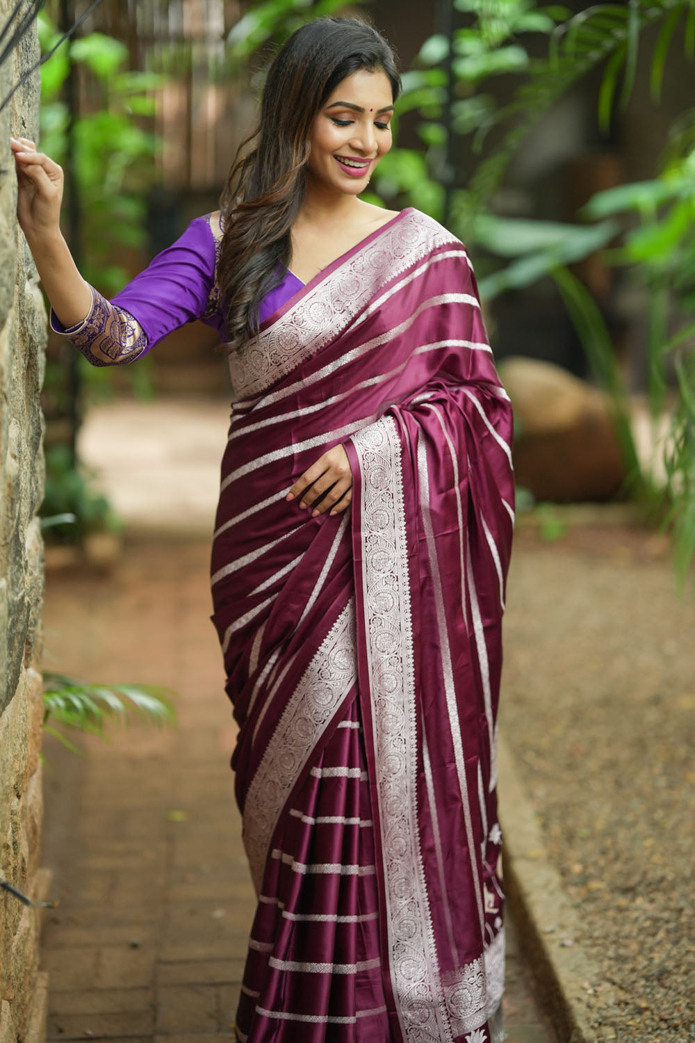 Wine viscose Satin Saree With Silver Zari Stripes and Pichwai Pallu