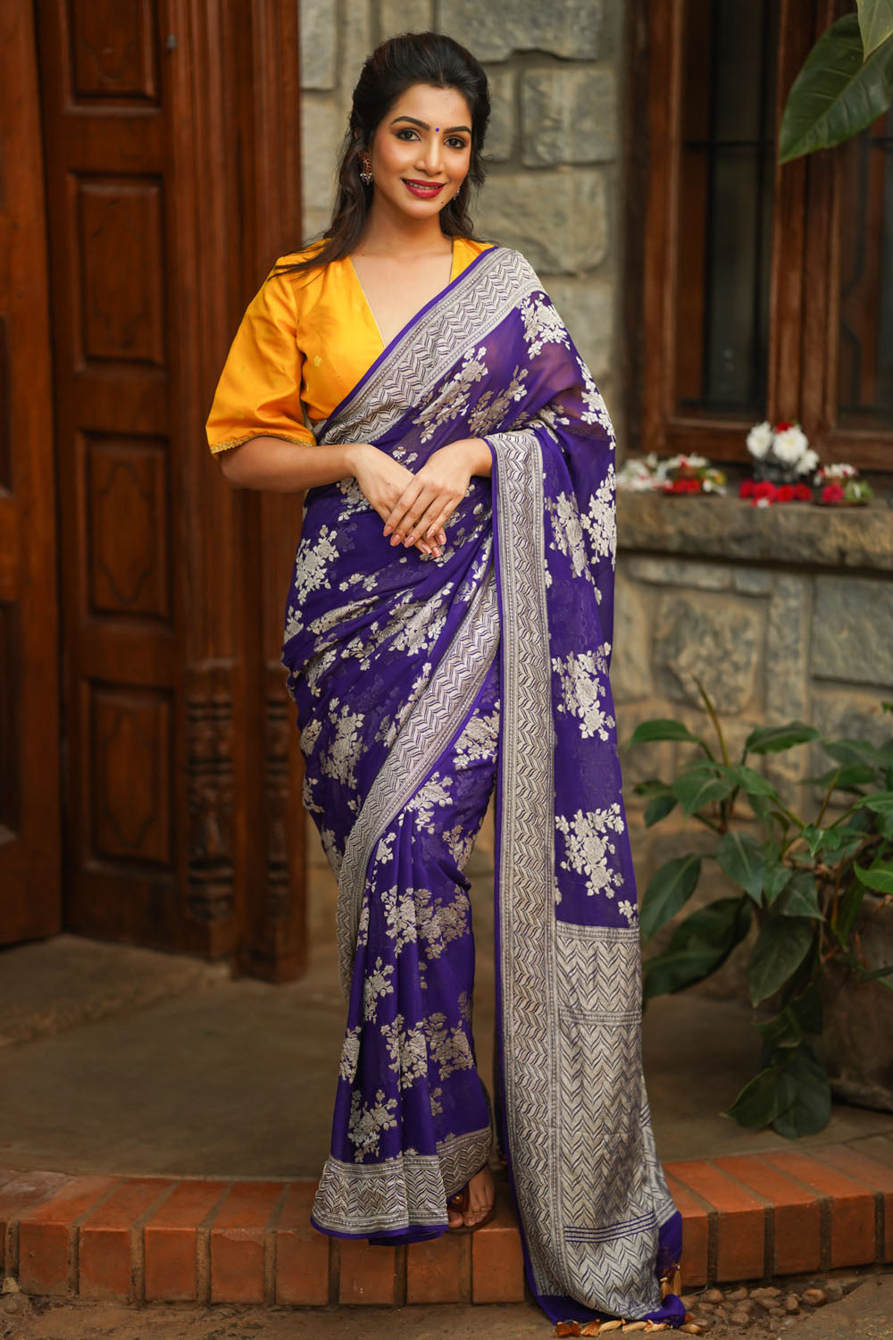 Purple Pure Silk Georgette Saree with Rose Jaal | SILK MARK CERTIFIED