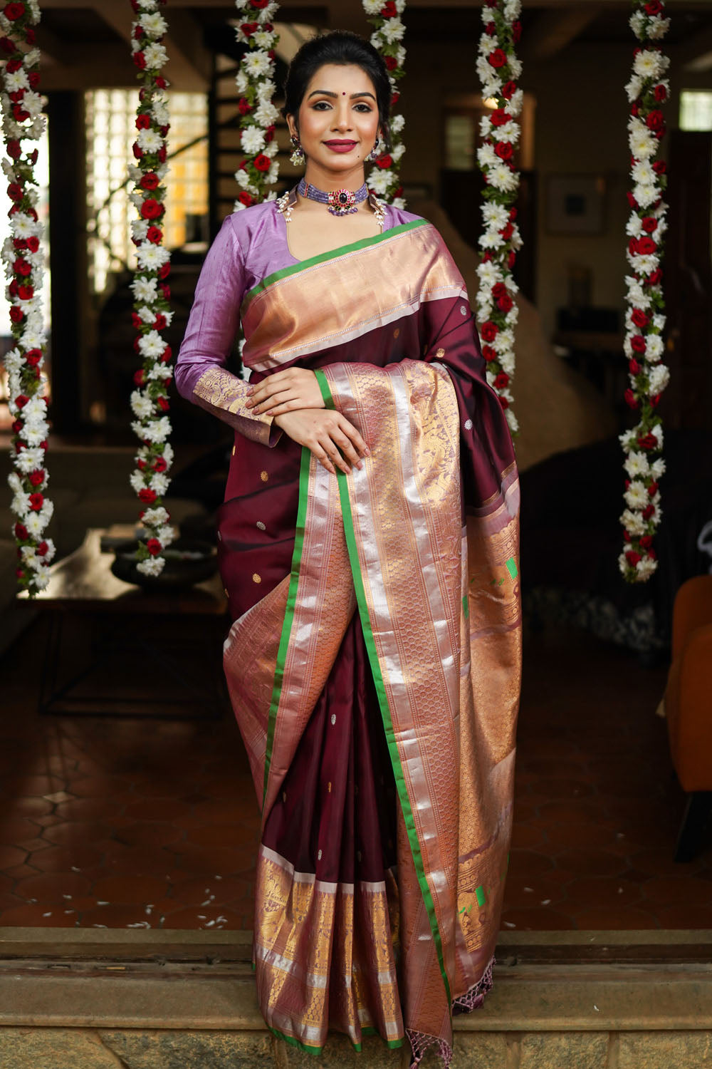 Maroon Pure Gadwal Silk Saree with Wide Golden Zari ' 11.2 Borders and Meenakari Pallu | SILK MARK CERTIFIED