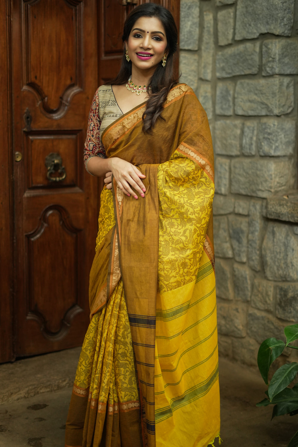 Methi yellow and brown chettinad cotton saree