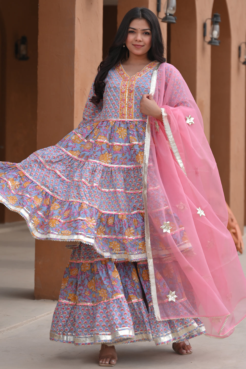 Vasant Block Print Kurta and tiered plazzo 3 piece set | Made To Order