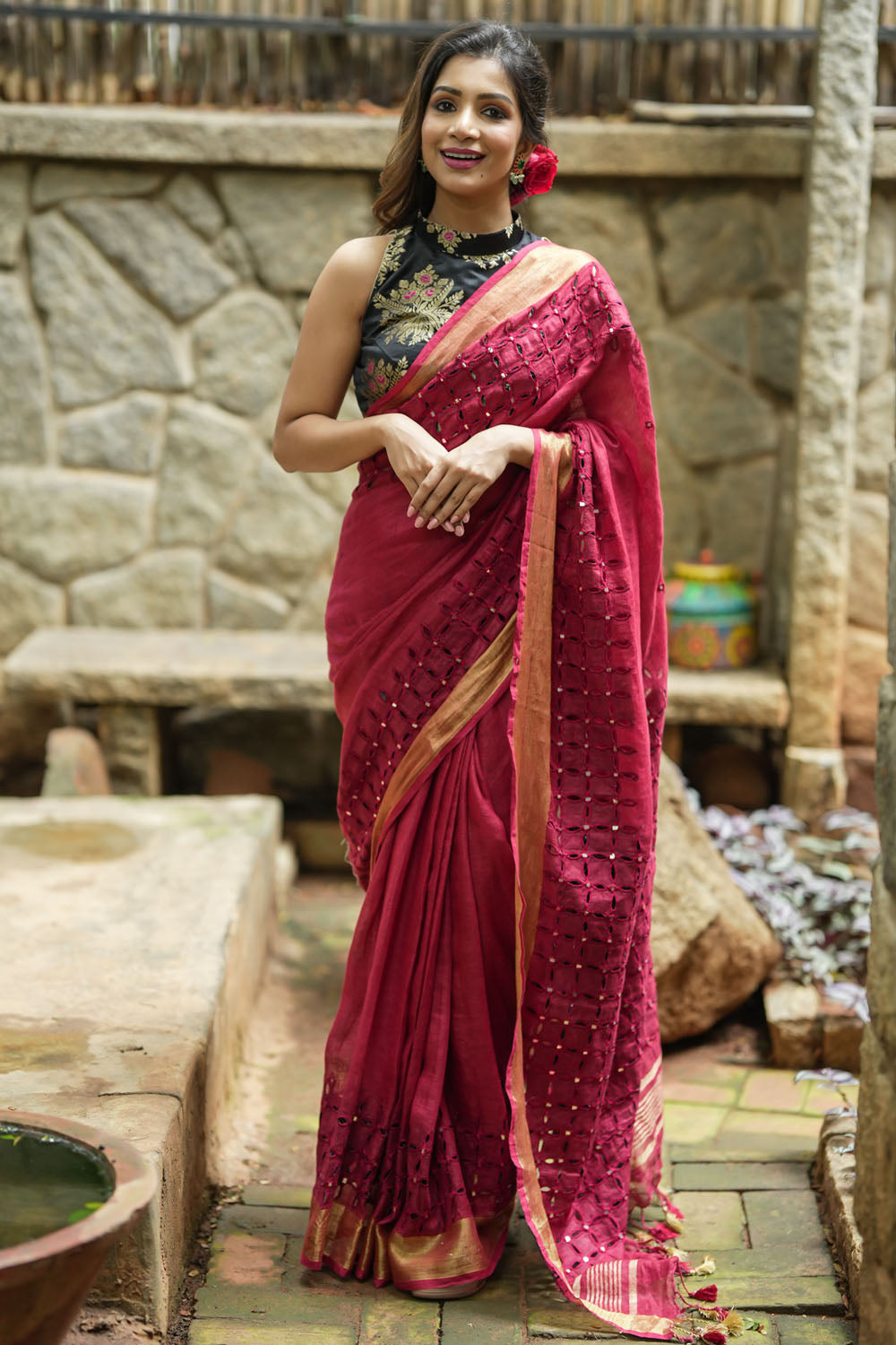 Chudi Design- Linen by Linen Cutwork and Mirrorwork Saree in Deep Red