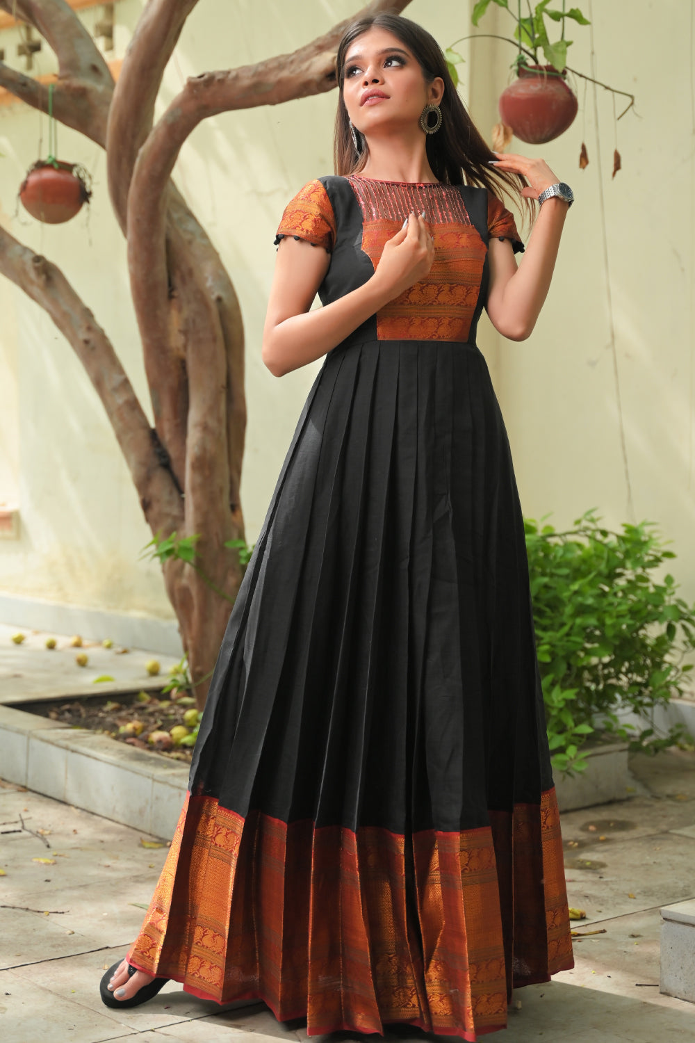 Kajal - Black, Red and Gold Narayanpet Cotton Gown with Wide Zari border and sequin Yoke handwork | Made To Order