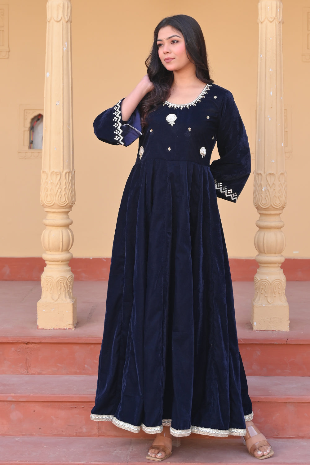 Midnight blue Nargis Velvet anarkali Set with Lace detailing border, 3 PIece Set | Made To Order