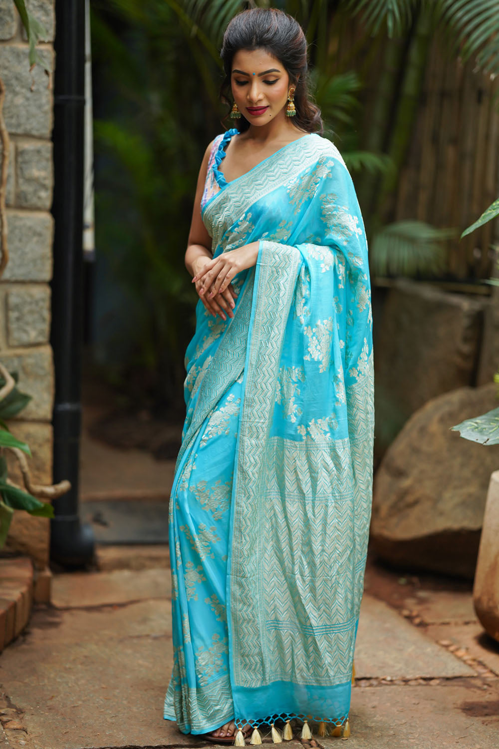 Turquoise Pure Silk Georgette Saree with Rose Jaal | SILK MARK CERTIFIED