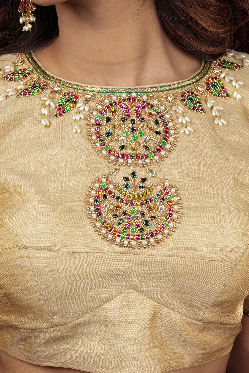 Sandalwood Color Pure Raw Silk Tissue Blouse with multicolor stone Necklace and Bajuband Handwork, Made to Order